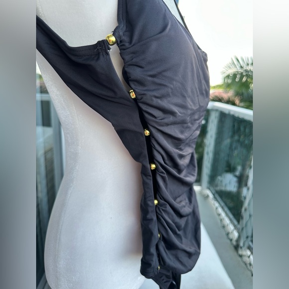 Carmen Marc Valvo Black Ruched One Piece Swimsuit Size 12 NWT Gold Button Detail - Picture 3 of 7